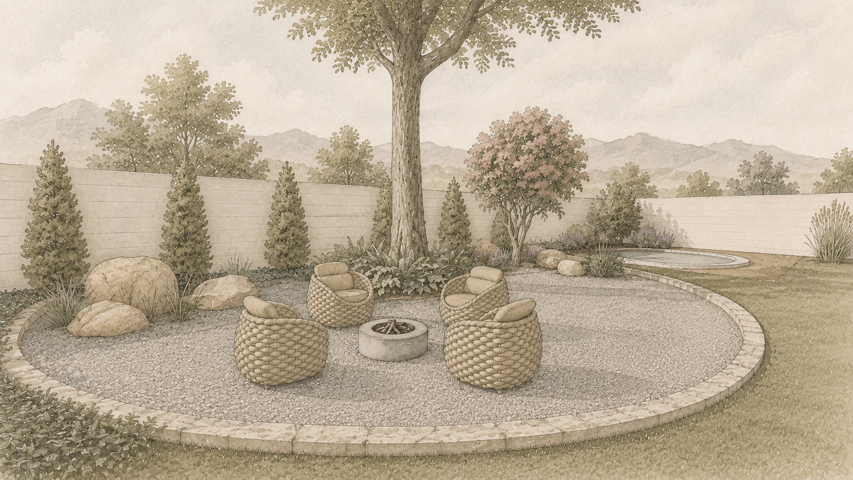 Illustrated backyard fire pit terrace with gravel paving, seating, boulders, and layered planting
