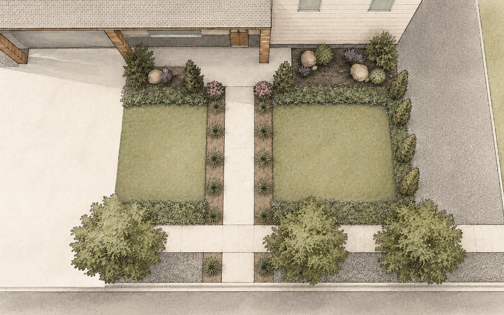 Overhead rendered plan of a front yard with symmetrical lawn panels, walkway, and planting beds