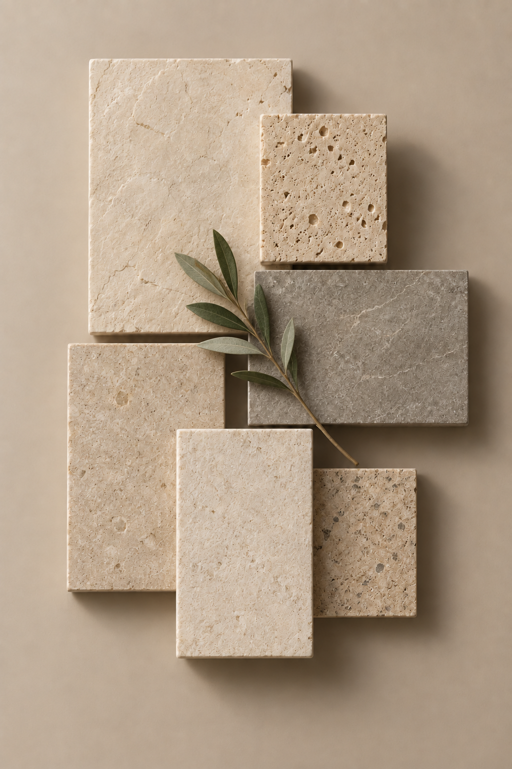 Material study of stacked stone tiles in warm neutral tones with an olive branch laid across them