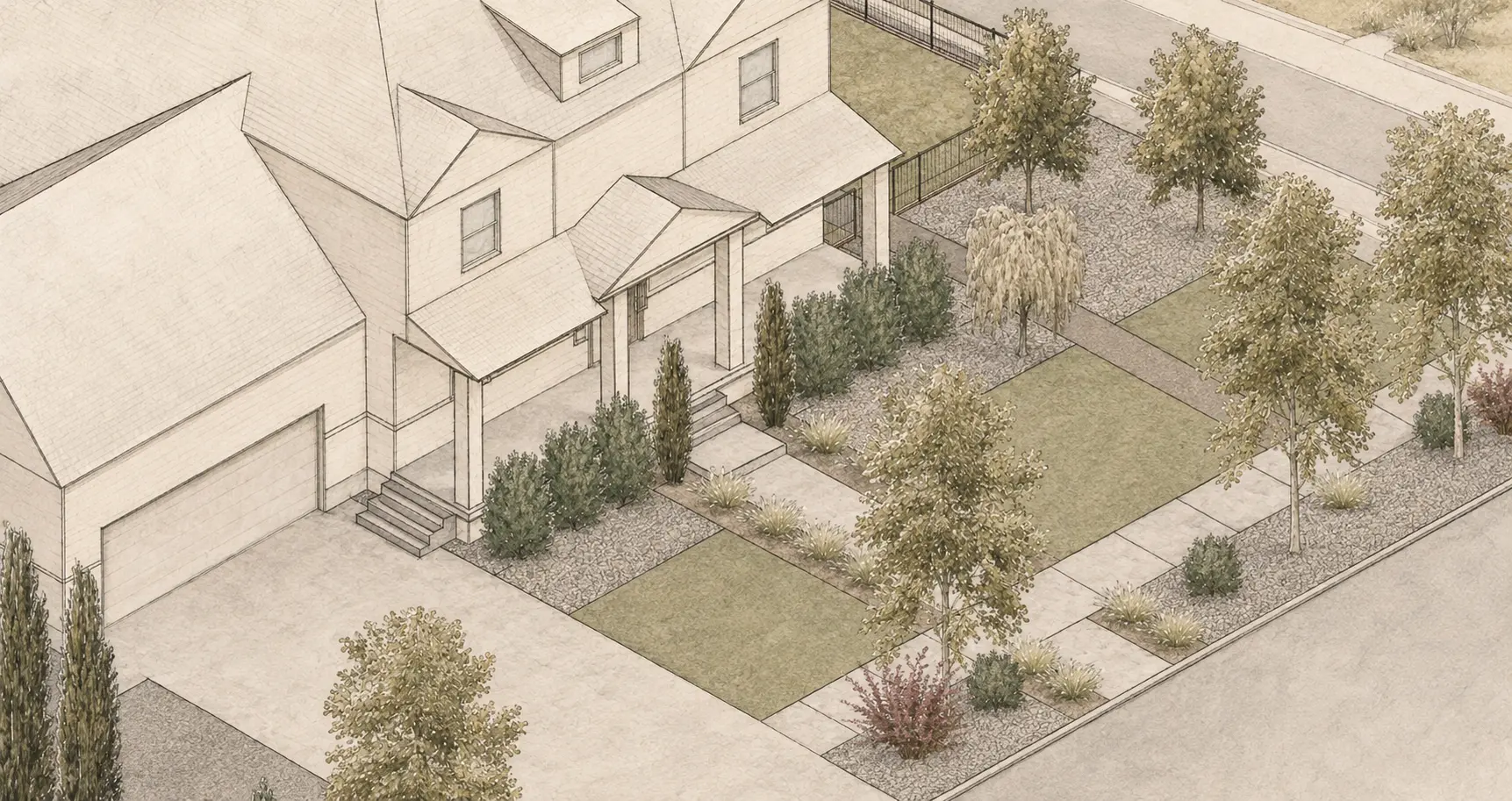 Axonometric drawing of the Watson Residence front yard with paved panels, gravel, and street trees