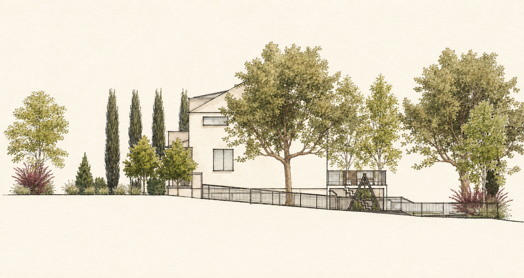 Elevation study of the Watson Residence showing layered trees, screening, and terrace