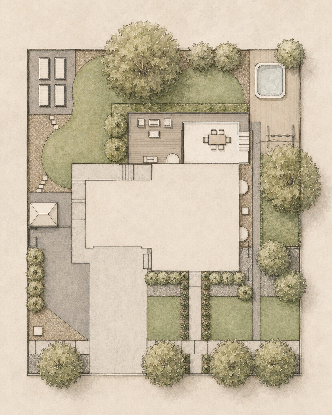 Rendered landscape site plan of the Watson Residence showing lawn, planting beds, patio, and spa