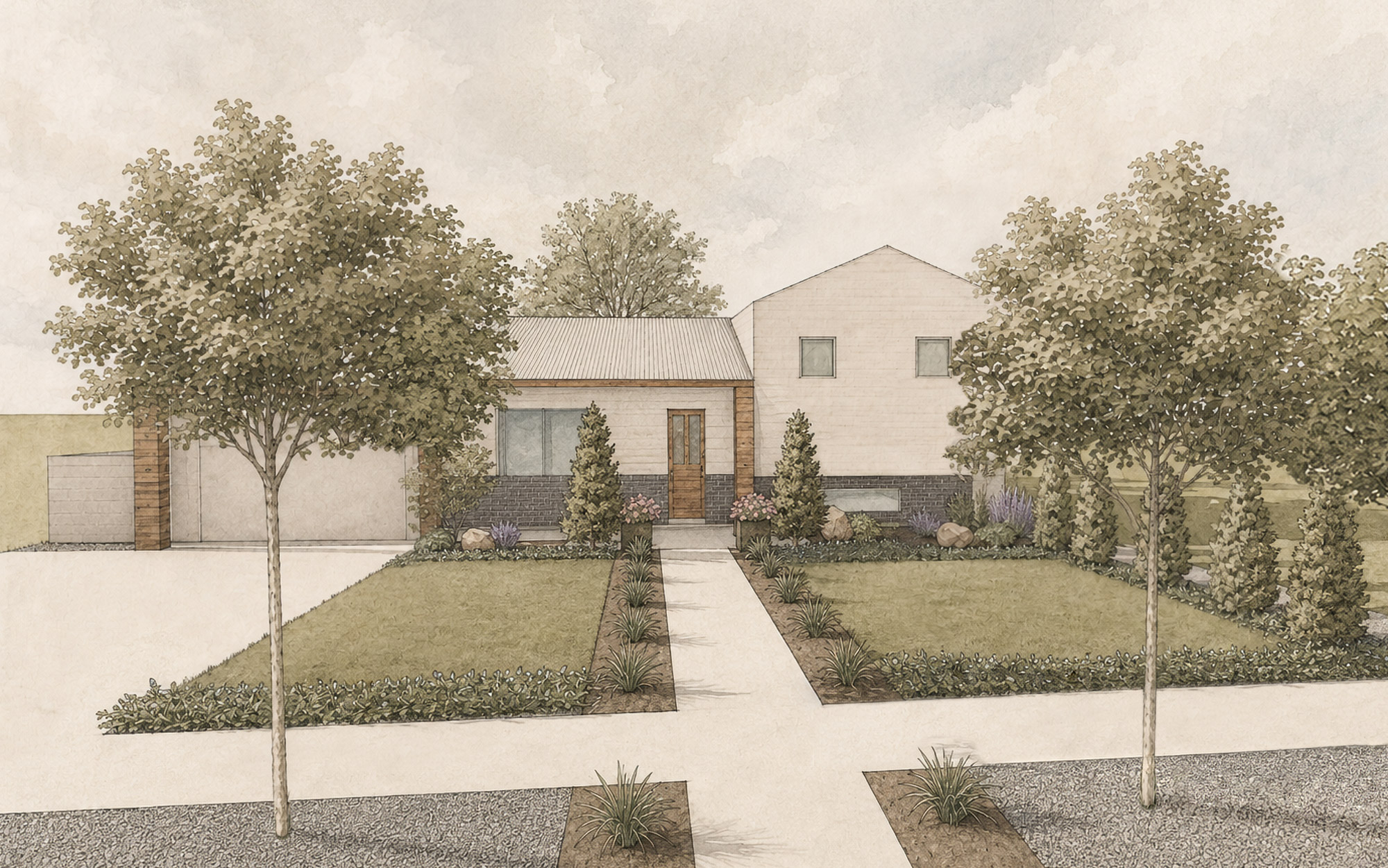 Rendered front elevation drawing of a residence with street trees, lawn panels, and layered planting beds