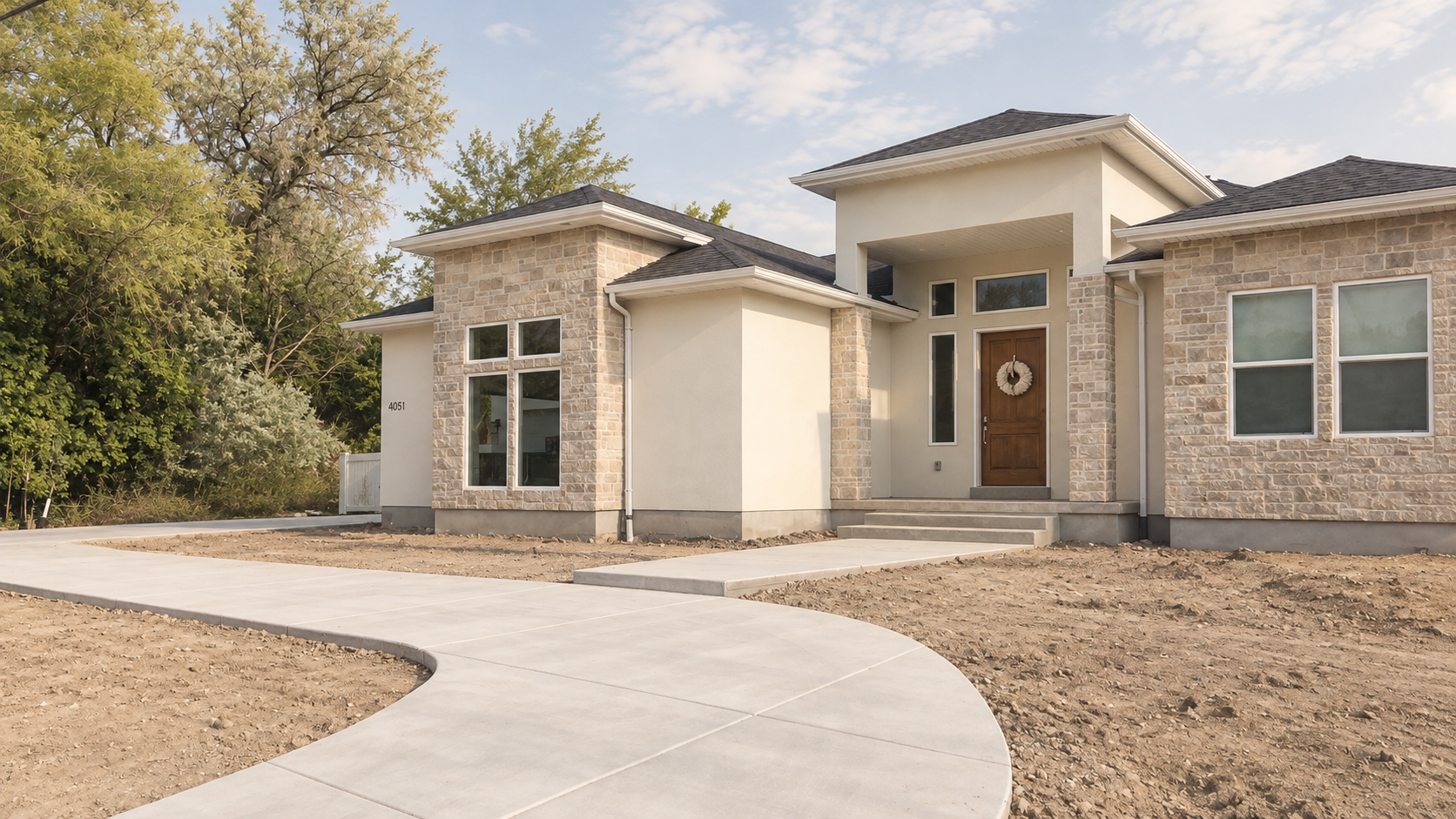 Smith Residence before landscape installation, showing the completed house and bare surrounding soil