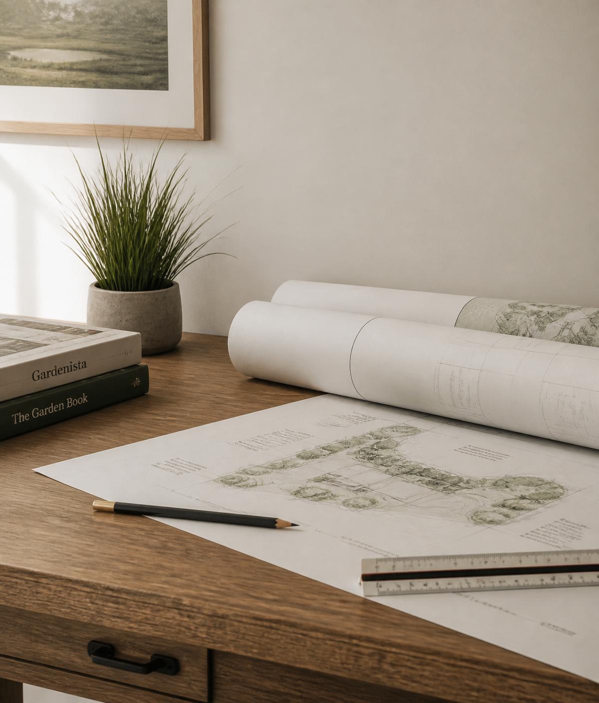 Studio desk with rolled landscape plans, a drawn planting plan, a pencil, and a scale ruler